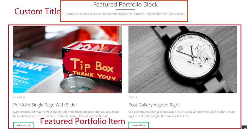 Setting up custom title and Portfolio Featured                Item Blocks